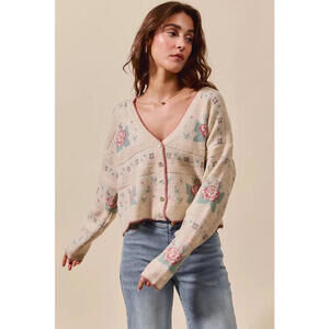 SO ME Floral Pattern Long Sleeve Button Sweater Cardigan